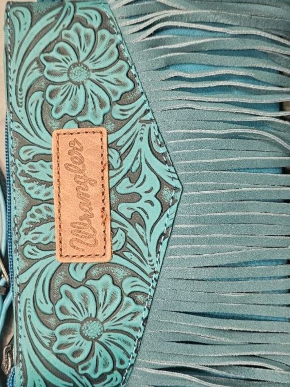 Turquoise Wrangler Crossbody bag features vintage floral tooling and authentic - Picture 8 of 9